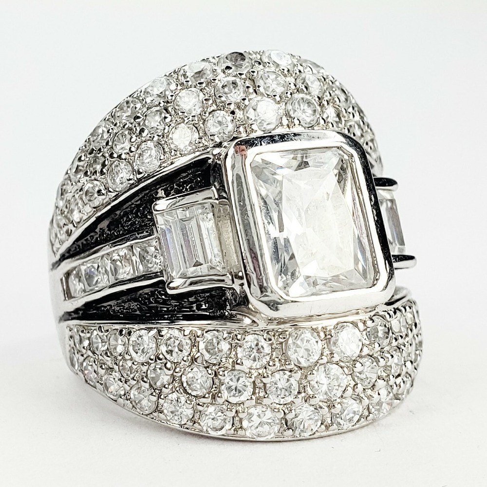 Ross Simons Large Clear Cubic Zirconia CZ Cocktail Ring Black Enamel Size 7